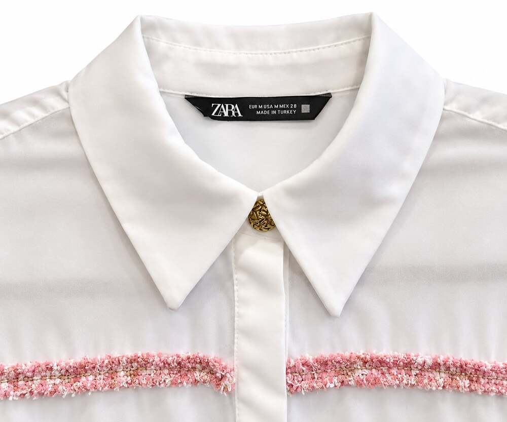 Zara Women's White Pink Tweed Trim Sheer Button Down Blouse (Size M) - Picture 4 of 5